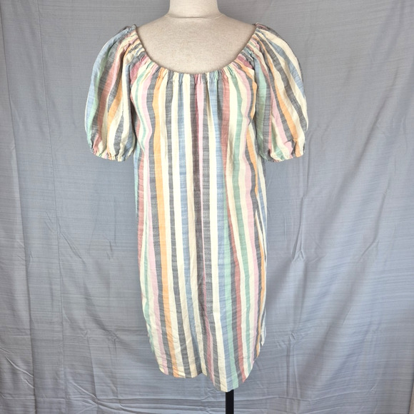 Madewell Mini Dress Womens XXS Puff-Sleeve Trapeze in Rainbow Stripe Colorful - Picture 1 of 14